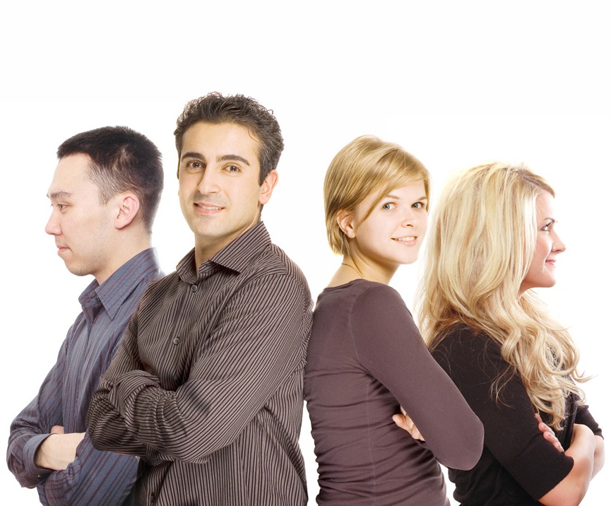 business partners are posing against white background